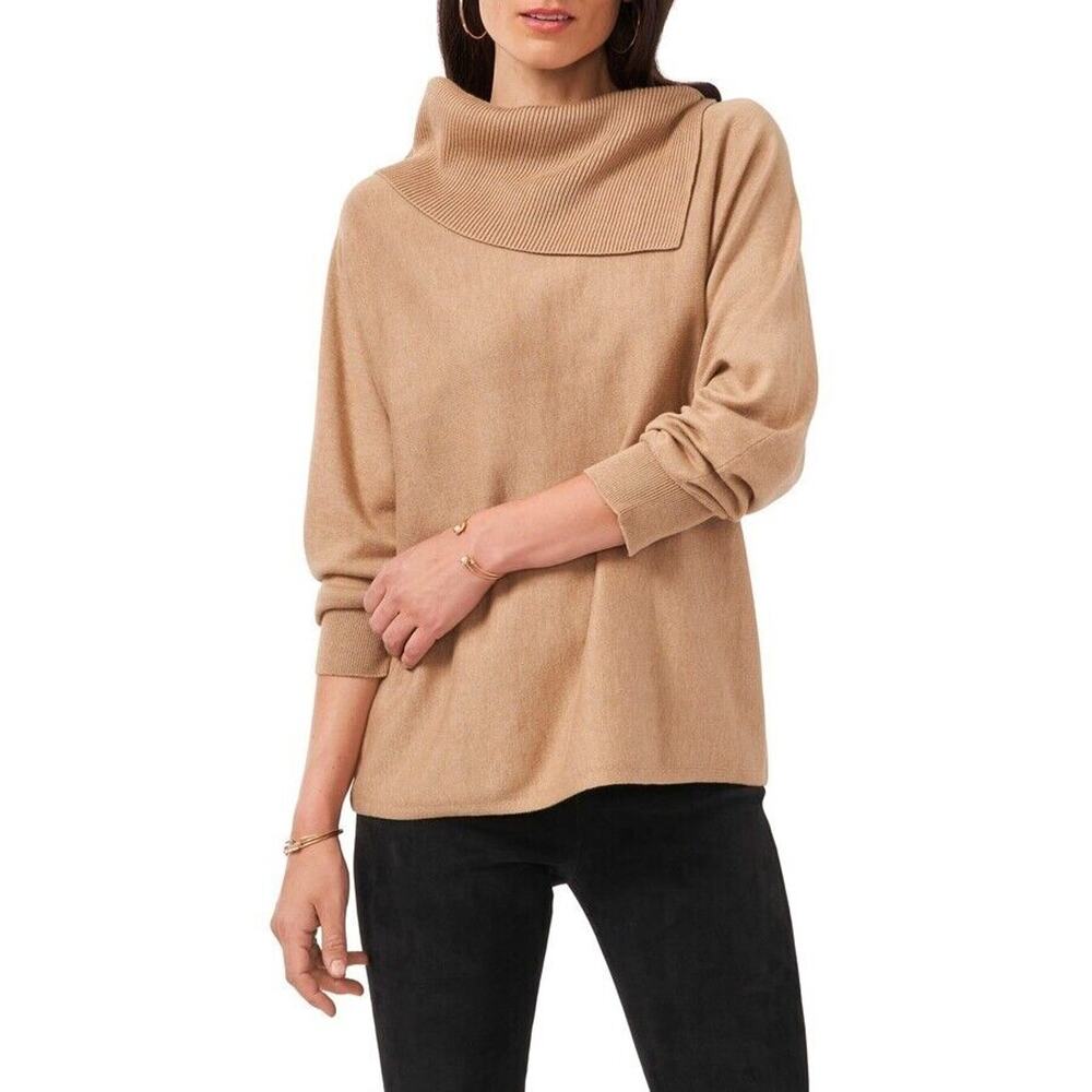 Vince Camuto Women Latte Beige Cotton Knit Fold-Over Neck Casual Sweater Size S